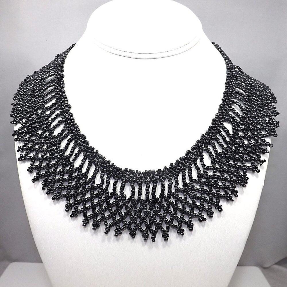 Artisan Beaded Collar Necklace, Metallic Dark Czech Glass Seed Beads, Hand-made